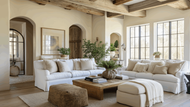 Country Farmhouse Living Room With Soft Whites and Wood Tones: A Cozy and Timeless Design Guide