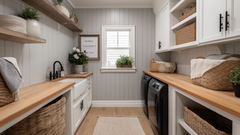 Cozy Laundry Room Decor Featuring Farmhouse Accents for a Warm, Rustic Look